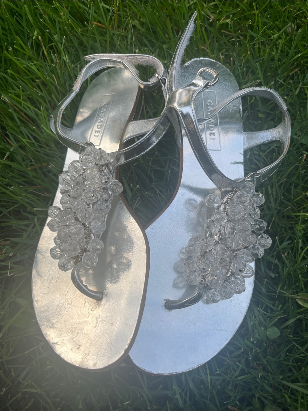 Casadei Silver Crystal-Embellished T-Strap Sandals